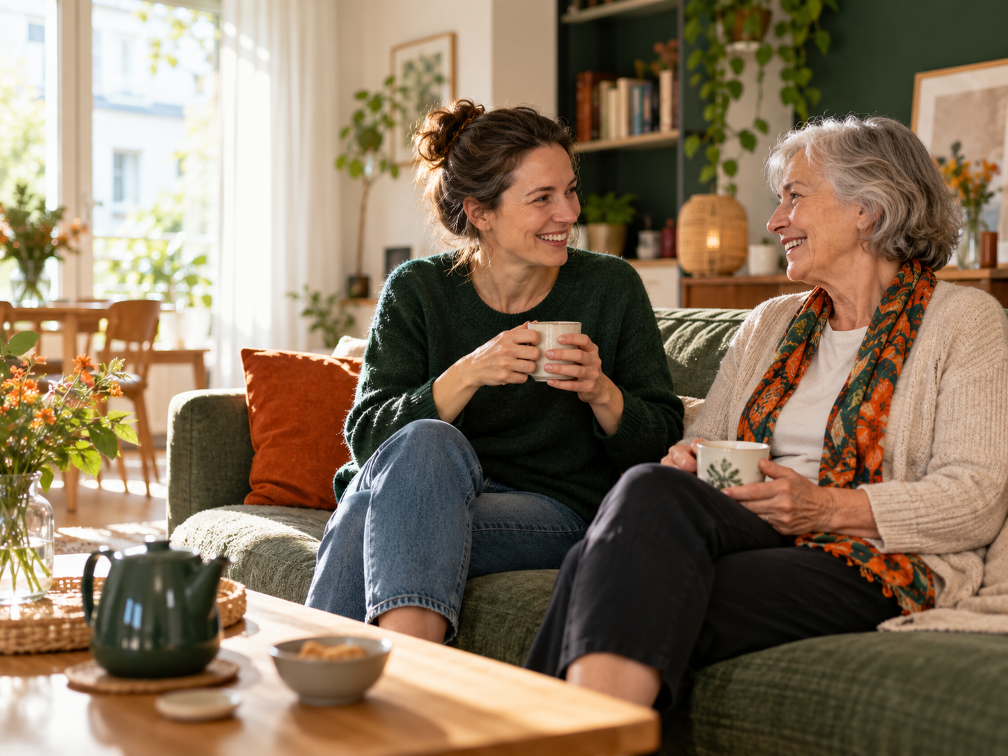 Zwei erwachsene Frauen verschiedener Generationen sitzen in einem gemütlichen Wohnzimmer und trinken Tee